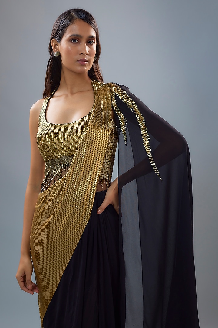 Black & Gold Chiffon Bugle Bead Embroidered Bridal Gown Saree by Gaurav Gupta at Pernia's Pop Up Shop