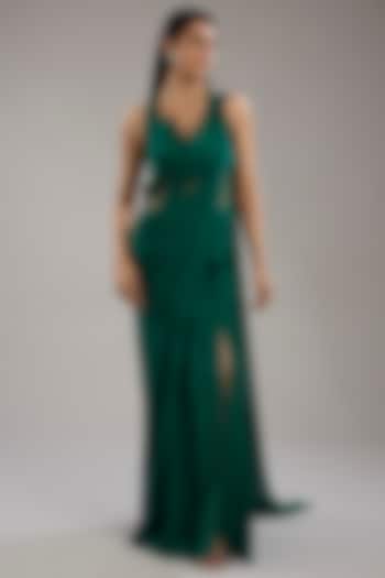 Emerald Green Silk Chiffon Cut-Out Sculpted Bridal Gown Saree by Gaurav Gupta at Pernia's Pop Up Shop