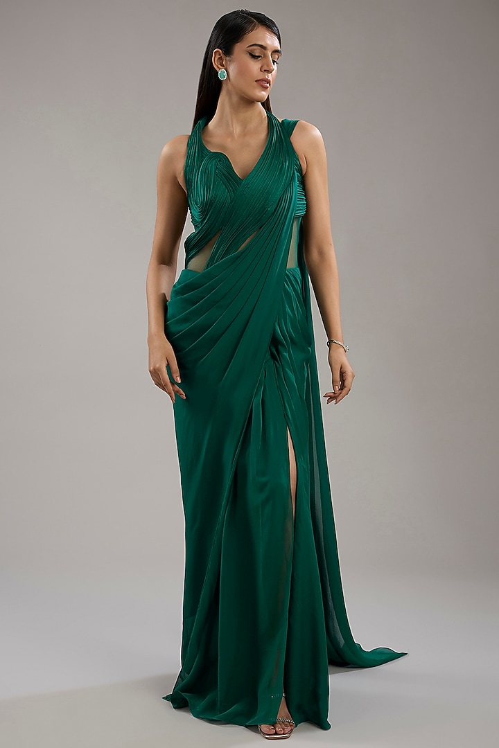 Emerald Green Silk Chiffon Cut-Out Sculpted Bridal Gown Saree by Gaurav Gupta at Pernia's Pop Up Shop