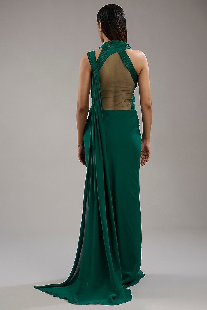 Emerald Green Silk Chiffon Cut-Out Sculpted Bridal Gown Saree by Gaurav Gupta at Pernia's Pop Up Shop