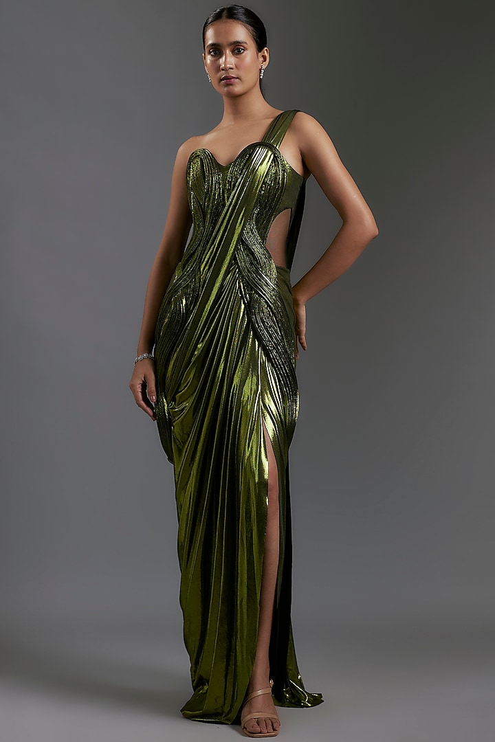 Gunmetal Jersey Sculpted Gown Saree by Gaurav Gupta at Pernia's Pop Up Shop