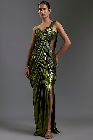 Gunmetal Jersey Sculpted Gown Saree by Gaurav Gupta