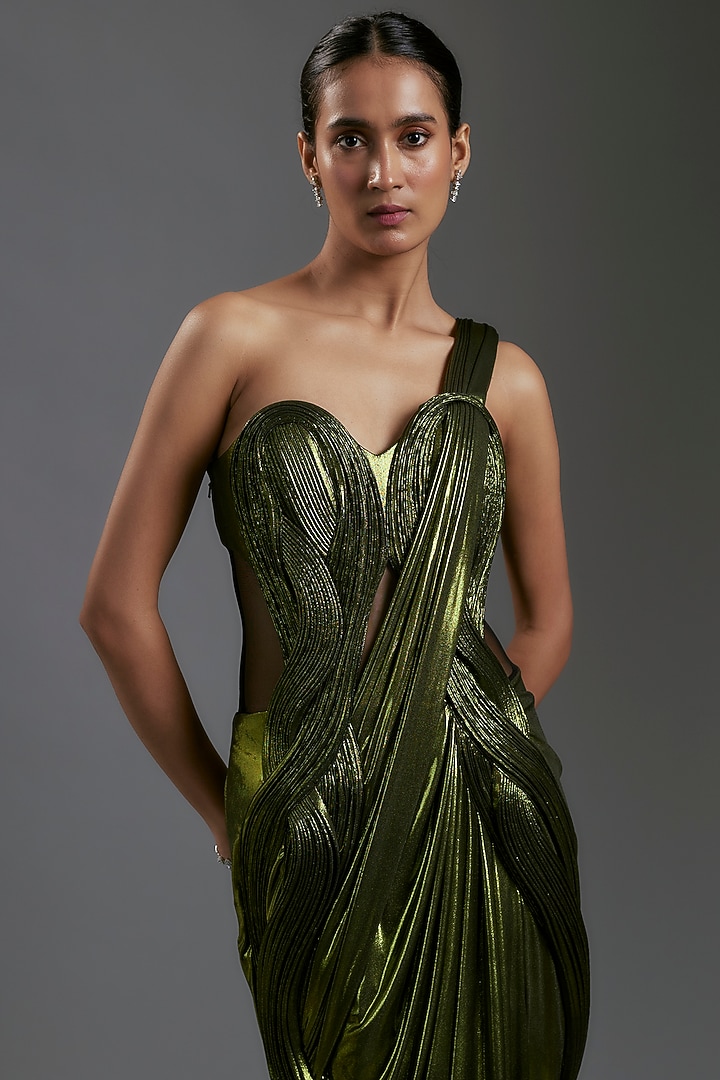 Gunmetal Jersey Sculpted Bridal Gown Saree by Gaurav Gupta at Pernia's Pop Up Shop
