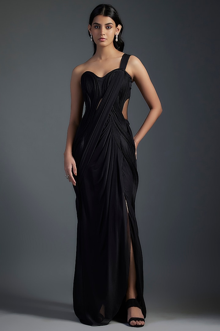 Black Chiffon Gown Saree by Gaurav Gupta at Pernia's Pop Up Shop