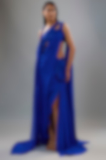 Electric Blue Silk Chiffon Cut-Out Sculpted Bridal Gown Saree by Gaurav Gupta at Pernia's Pop Up Shop