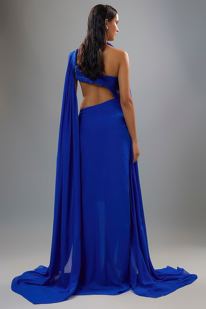 Electric Blue Silk Chiffon Cut-Out Sculpted Bridal Gown Saree by Gaurav Gupta at Pernia's Pop Up Shop