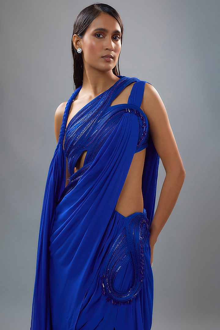 Electric Blue Silk Chiffon Cut-Out Sculpted Bridal Gown Saree by Gaurav Gupta at Pernia's Pop Up Shop