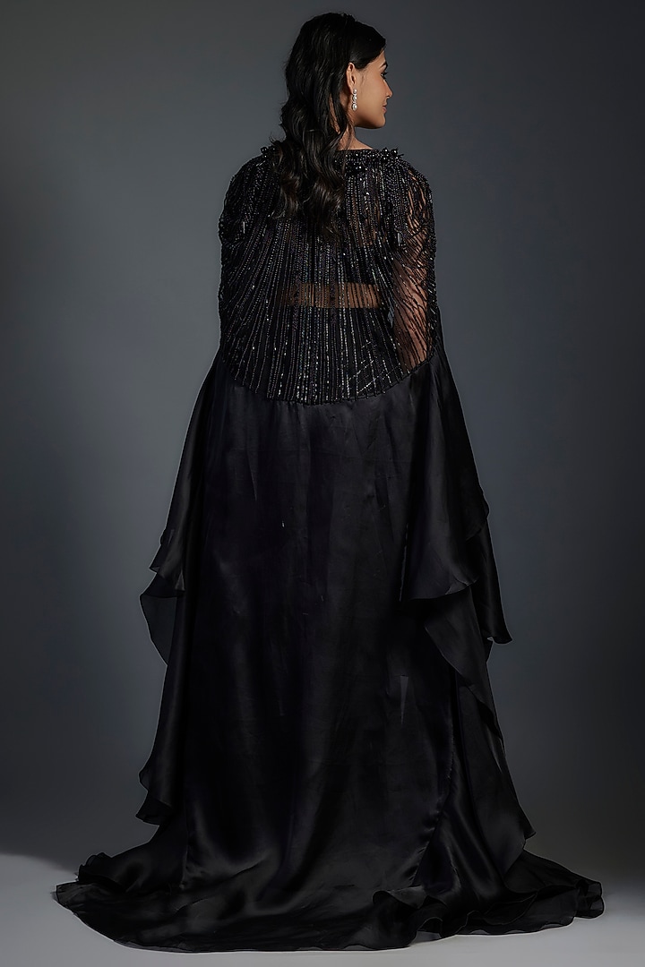 Black Georgette Pre-Stitched Embroidered Jacket Bridal Saree Set by Gaurav Gupta at Pernia's Pop Up Shop
