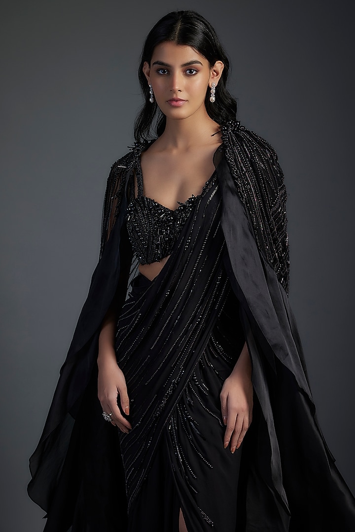 Black Georgette Pre-Stitched Embroidered Jacket Bridal Saree Set by Gaurav Gupta at Pernia's Pop Up Shop