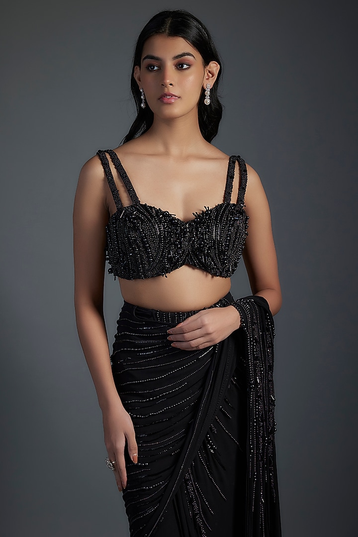 Black Georgette Pre-Stitched Embroidered Jacket Bridal Saree Set by Gaurav Gupta at Pernia's Pop Up Shop
