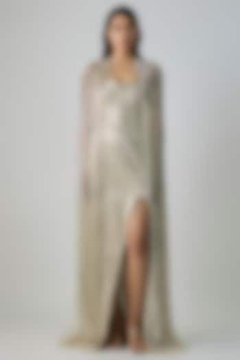 Sage Gold Polyester Cape by Gaurav Gupta at Pernia's Pop Up Shop