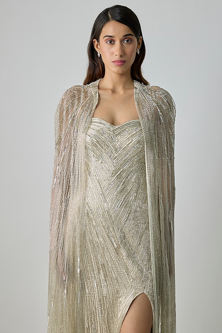 Sage Gold Polyester Cape by Gaurav Gupta at Pernia's Pop Up Shop