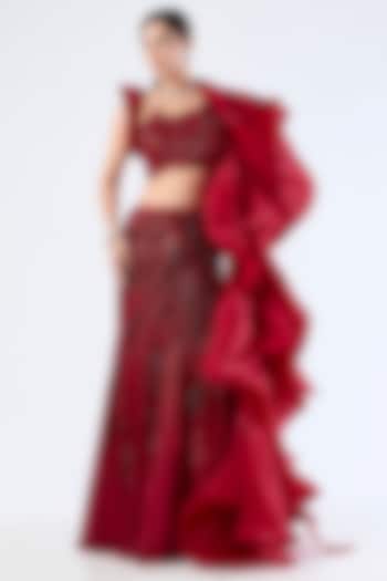 Lava Red Silk Organza Ruffled Cape by Gaurav Gupta at Pernia's Pop Up Shop