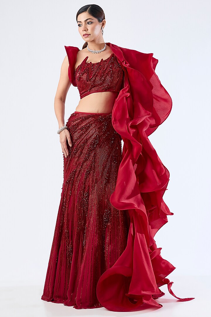 Lava Red Silk Organza Ruffled Cape by Gaurav Gupta at Pernia's Pop Up Shop