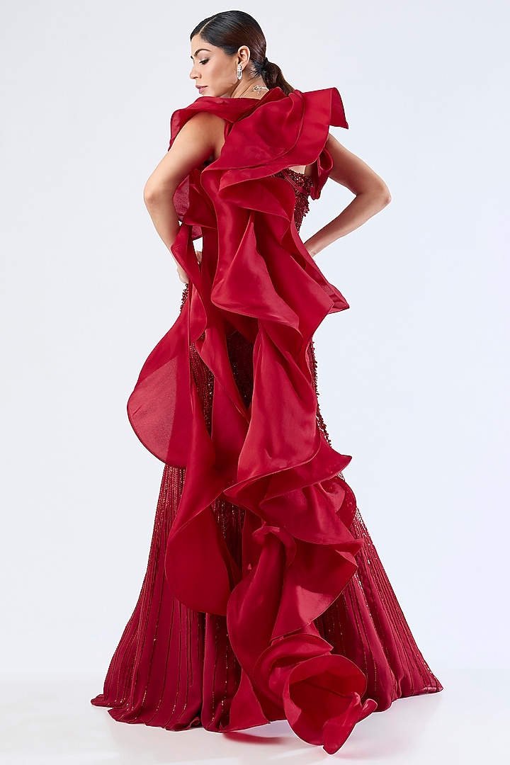 Lava Red Silk Organza Ruffled Cape by Gaurav Gupta at Pernia's Pop Up Shop