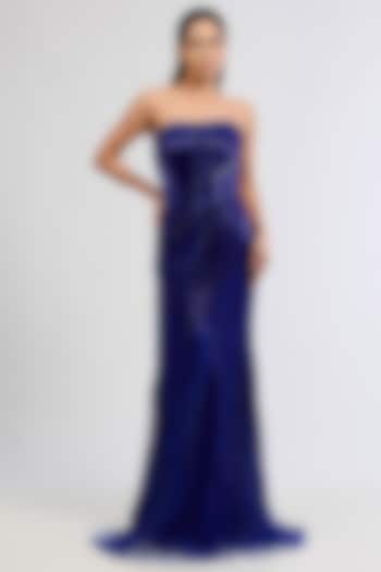 Electric Blue Nylon & Tulle Sequins Embellished Strapless Bridal Gown by Gaurav Gupta at Pernia's Pop Up Shop