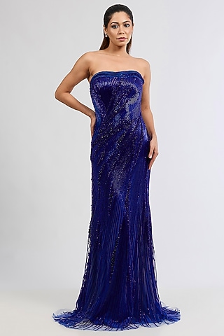 Electric Blue Nylon & Tulle Sequins Embellished Strapless Gown by Gaurav Gupta