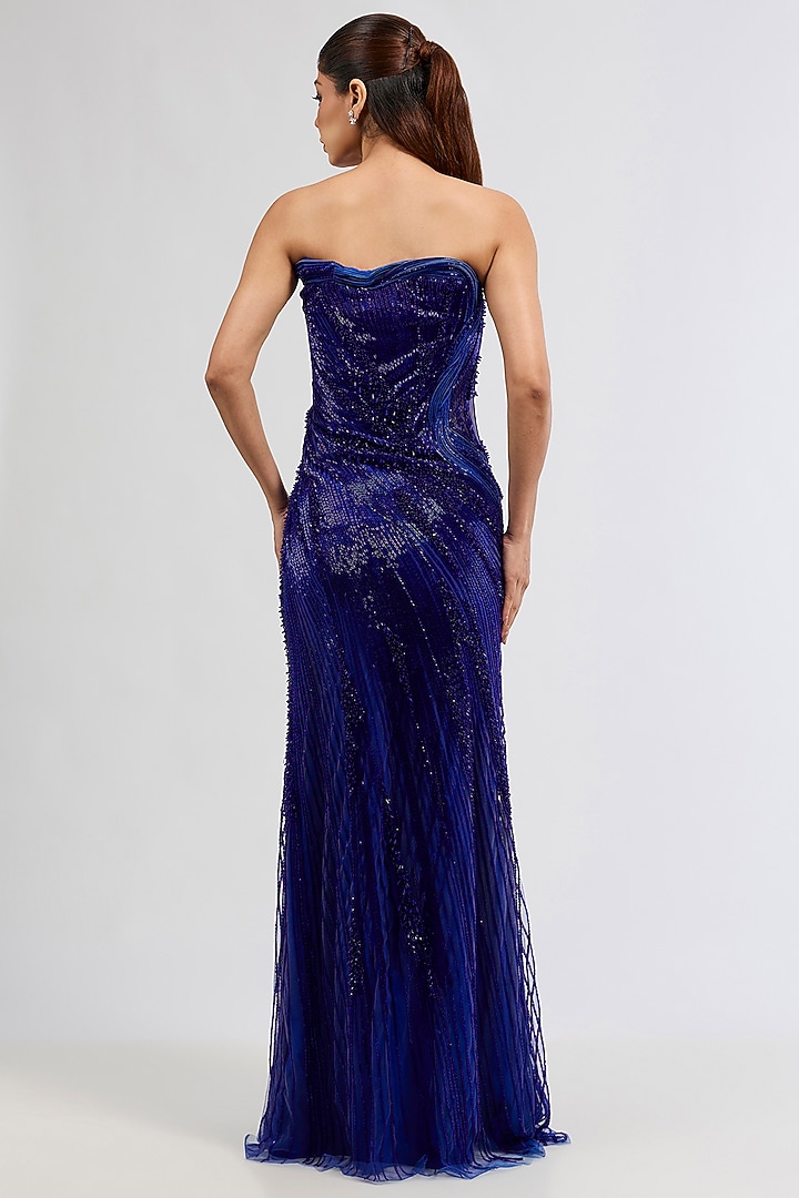 Electric Blue Nylon & Tulle Sequins Embellished Strapless Bridal Gown by Gaurav Gupta at Pernia's Pop Up Shop