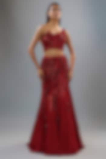 Lava Red Rayon Georgette Sequins Work Bridal Lehenga Set by Gaurav Gupta at Pernia's Pop Up Shop