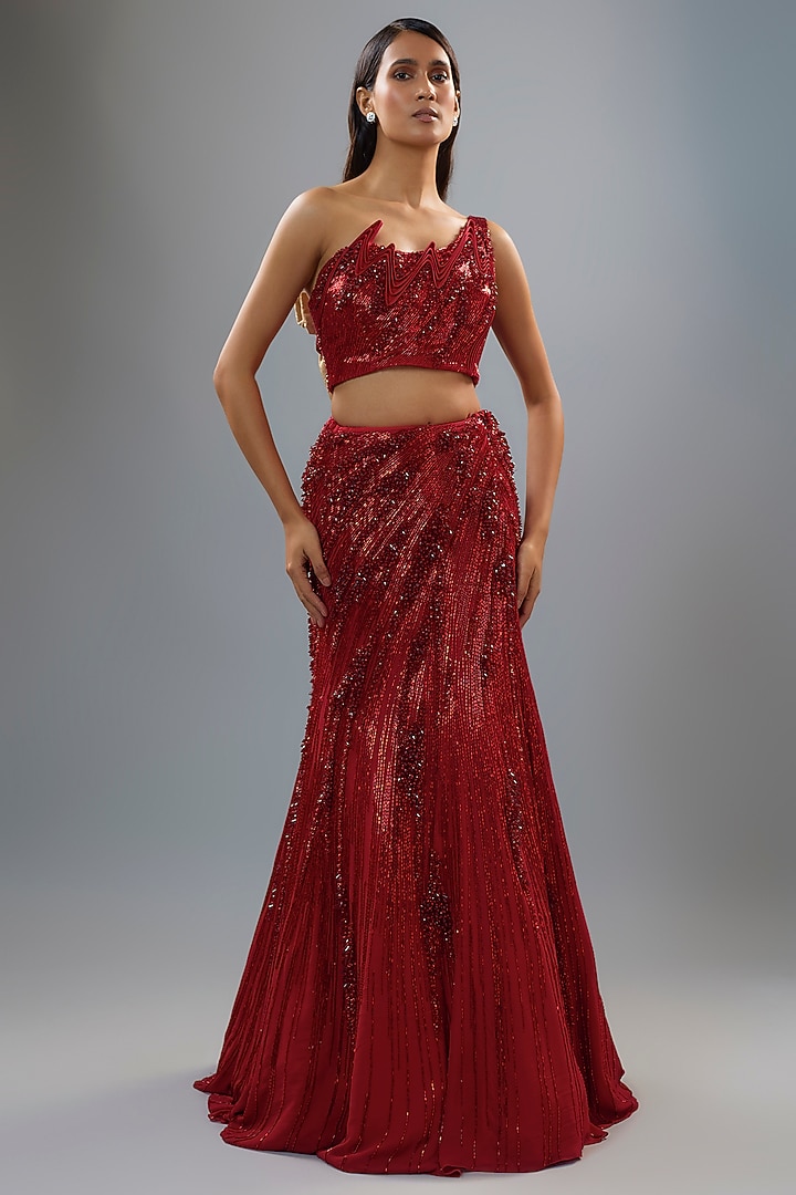 Lava Red Rayon Georgette Sequins Work Bridal Lehenga Set by Gaurav Gupta at Pernia's Pop Up Shop