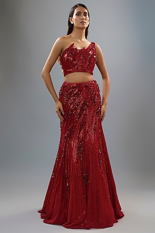 Lava Red Rayon Georgette Sequins Work Lehenga Set by Gaurav Gupta