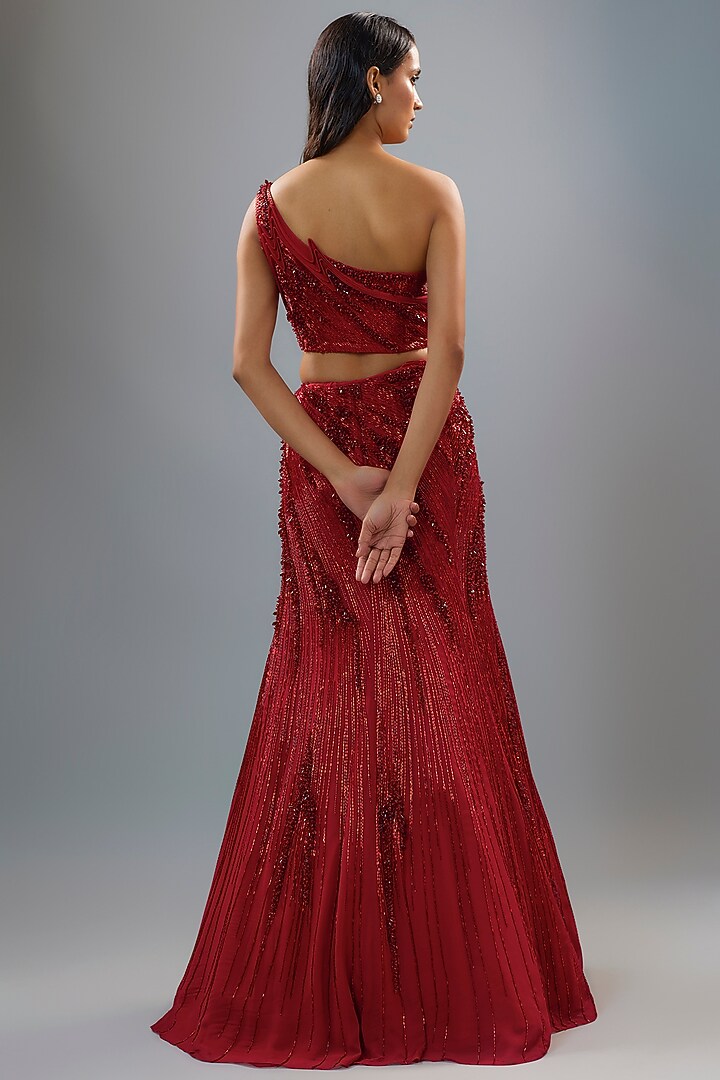 Lava Red Rayon Georgette Sequins Work Bridal Lehenga Set by Gaurav Gupta at Pernia's Pop Up Shop