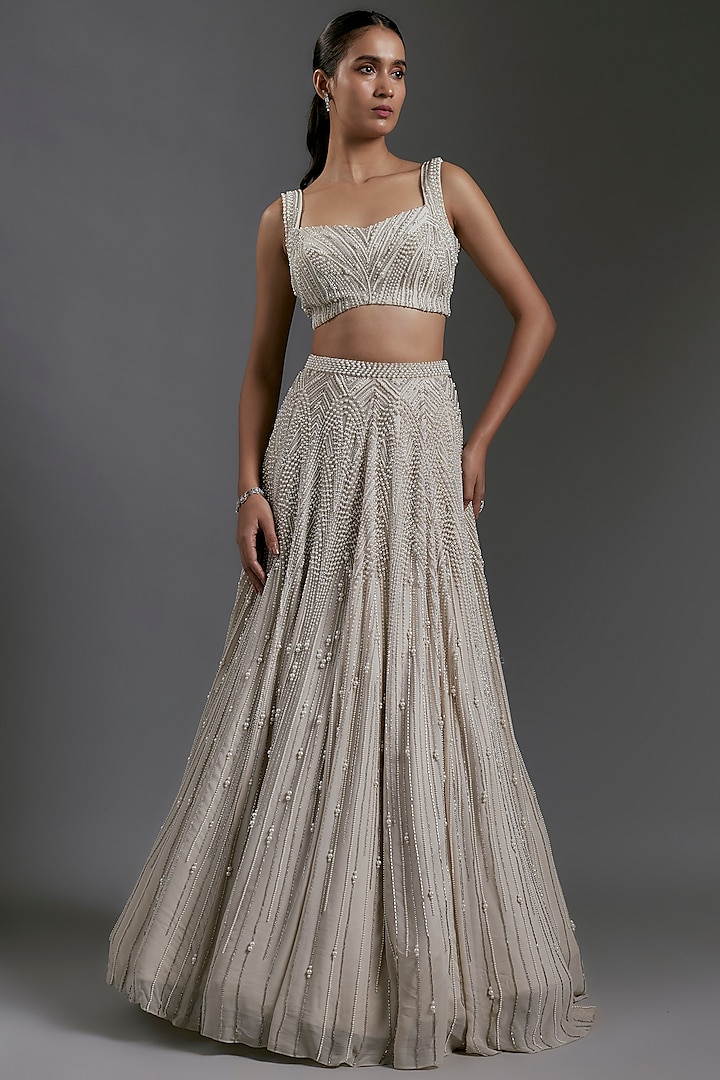 Sage Gold Viscose Georgette Bugle Beads Embroidered Bridal Lehenga Set by Gaurav Gupta at Pernia's Pop Up Shop