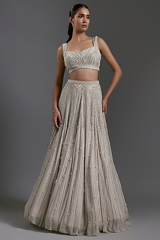 Ivory Rayon Georgette Embellished Lehenga Set by Gaurav Gupta
