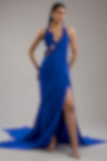 Electric Blue Woven Silk Chiffon Cut-Out Sculpted Bridal Gown by Gaurav Gupta at Pernia's Pop Up Shop