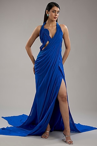 Electric Blue Woven Silk Chiffon Cut-Out Sculpted Gown by Gaurav Gupta