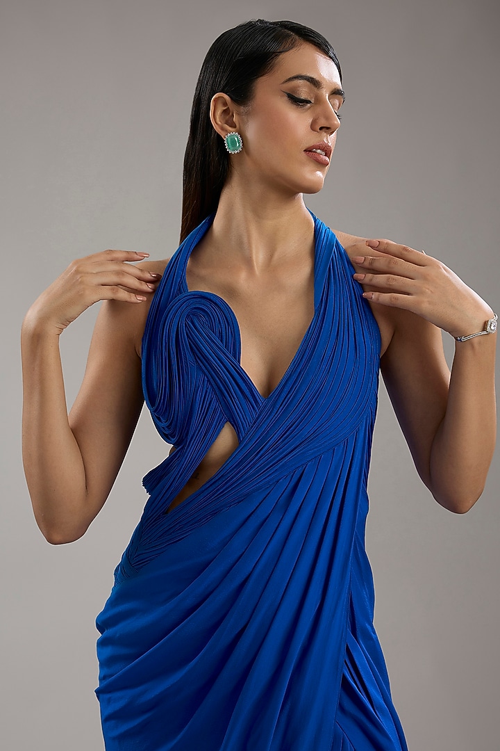 Electric Blue Woven Silk Chiffon Cut-Out Sculpted Bridal Gown by Gaurav Gupta at Pernia's Pop Up Shop