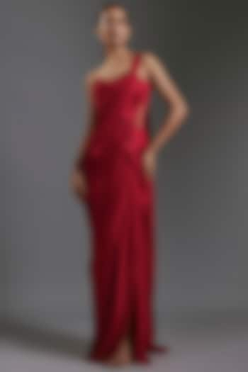 Lava Red Chiffon Sculpted Gown Saree by Gaurav Gupta at Pernia's Pop Up Shop