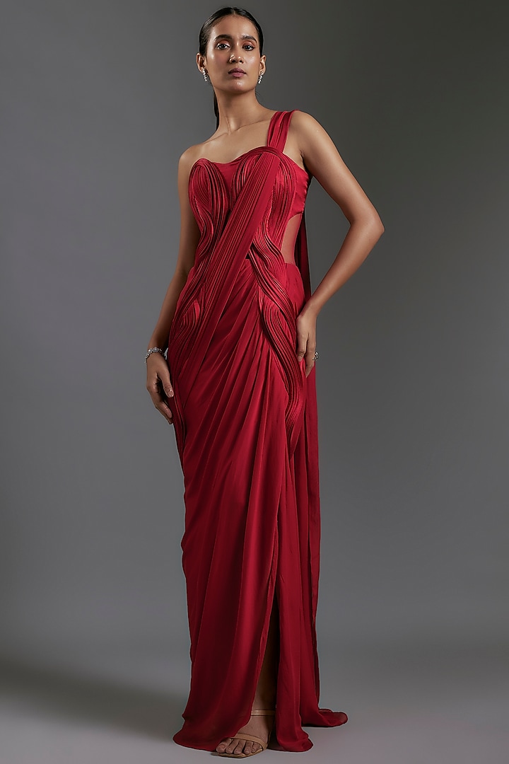 Lava Red Chiffon Sculpted Gown Saree by Gaurav Gupta at Pernia's Pop Up Shop