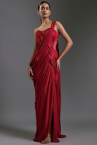 Lava Red Chiffon Sculpted Gown Saree by Gaurav Gupta