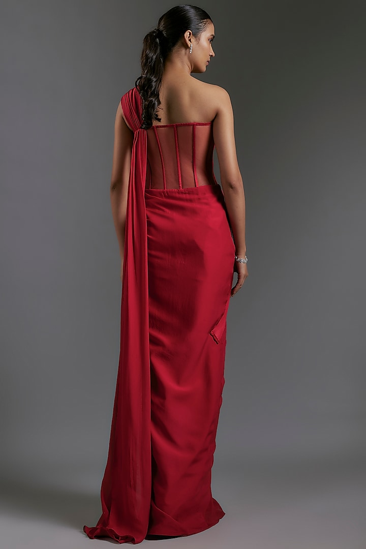 Lava Red Chiffon Sculpted Bridal Gown Saree by Gaurav Gupta at Pernia's Pop Up Shop