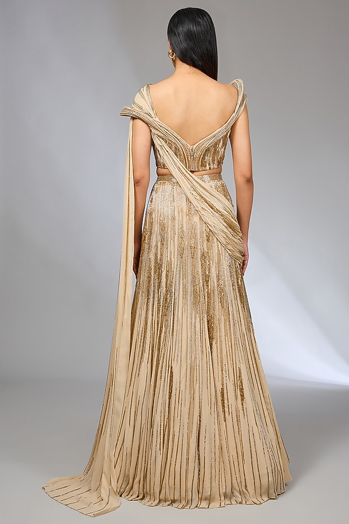 Gilded Gold Viscose Georgette Bugle Beads Embroidered Bridal Lehenga Set by Gaurav Gupta at Pernia's Pop Up Shop