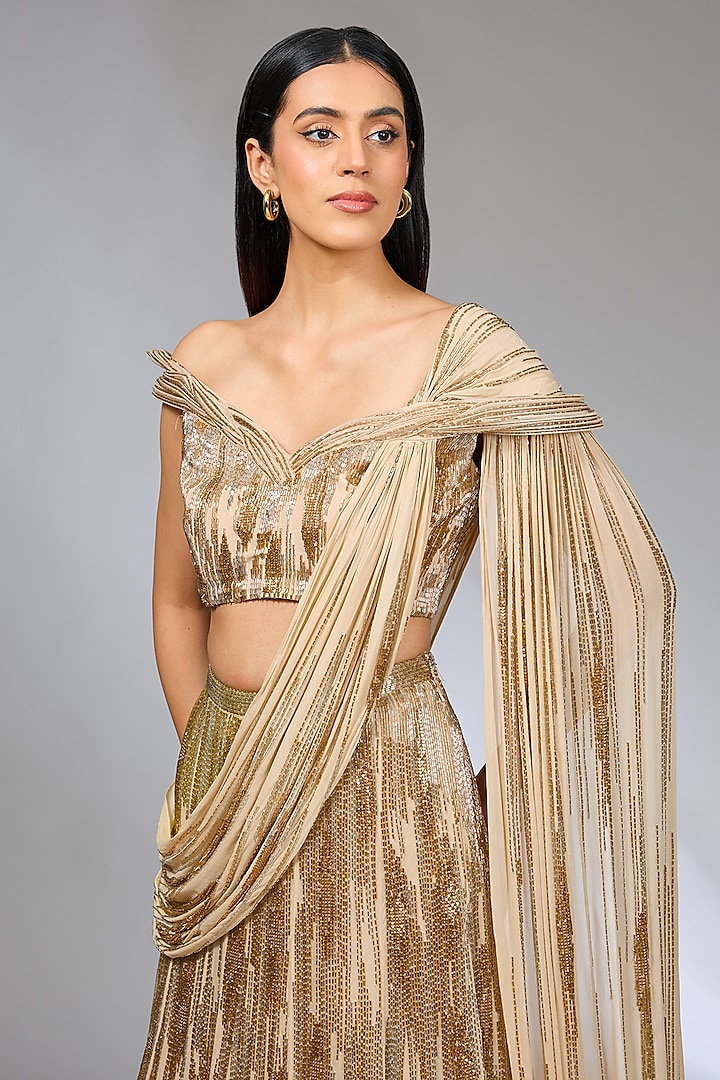 Gilded Gold Viscose Georgette Bugle Beads Embroidered Bridal Lehenga Set by Gaurav Gupta at Pernia's Pop Up Shop