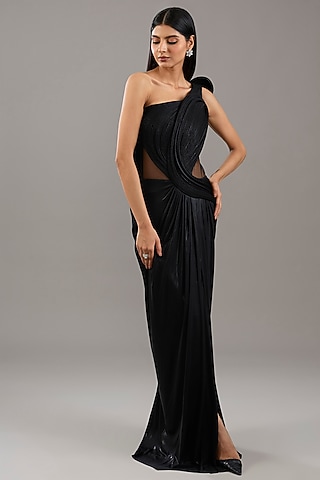 Black Oil Jersey Saree Gown by Gaurav Gupta