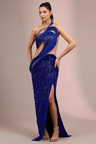 Electric Blue Nylon & Tulle Sculpted One-Shoulder Gown by Gaurav Gupta