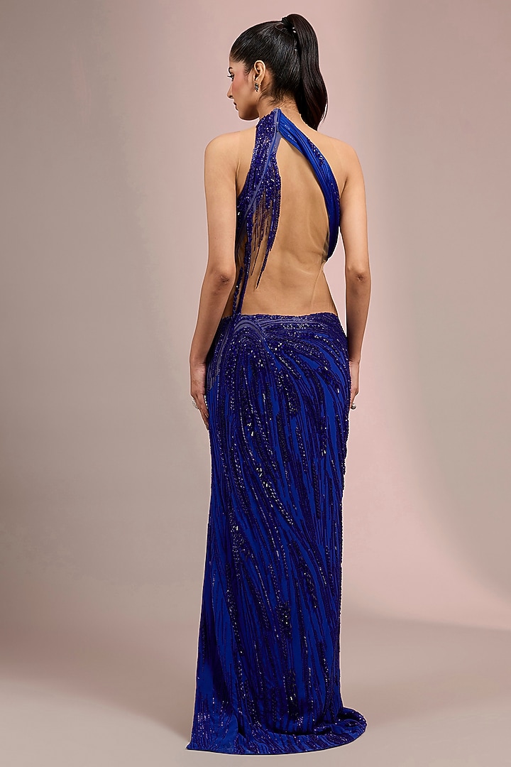 Electric Blue Nylon & Tulle Sculpted One-Shoulder Bridal Gown by Gaurav Gupta at Pernia's Pop Up Shop