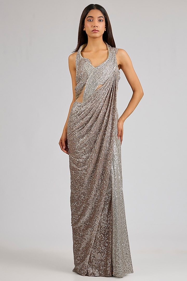 Hazelnut-Colored Polyester Bridal Gown Saree by Gaurav Gupta at Pernia's Pop Up Shop