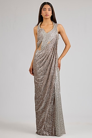 Hazelnut-Colored Polyester Gown Saree by Gaurav Gupta
