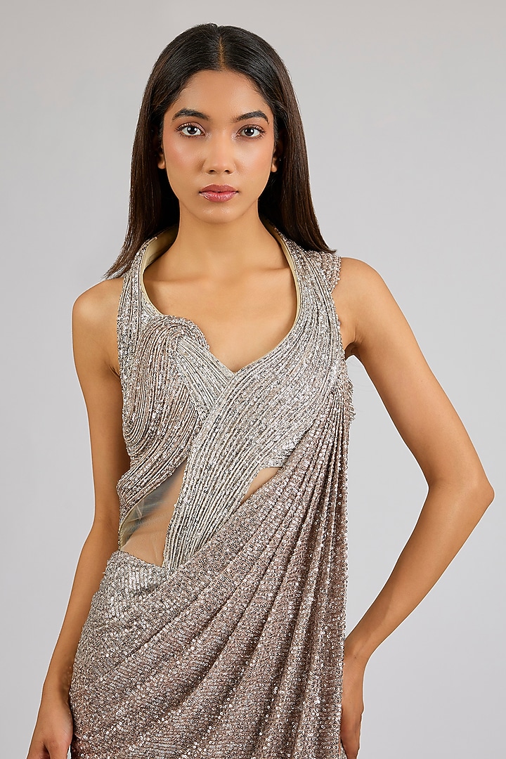Hazelnut-Colored Polyester Bridal Gown Saree by Gaurav Gupta at Pernia's Pop Up Shop