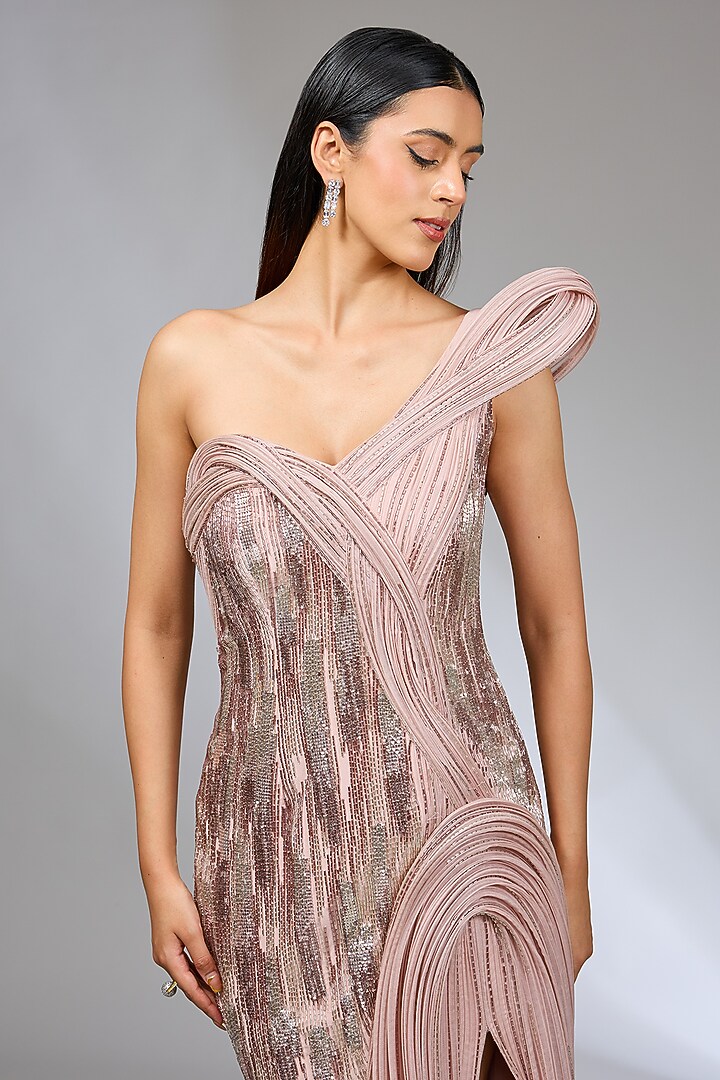 Sand Pink Crepe Bridal Gown by Gaurav Gupta at Pernia's Pop Up Shop