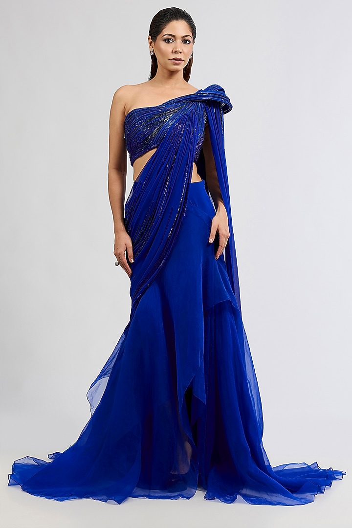 Electric Blue Crepe Bridal Lehenga Saree Set by Gaurav Gupta at Pernia's Pop Up Shop