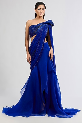 Electric Blue Crepe Lehenga Saree Set by Gaurav Gupta