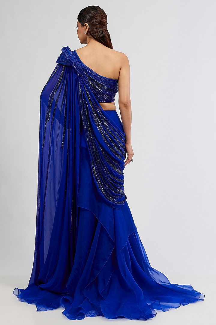 Electric Blue Crepe Bridal Lehenga Saree Set by Gaurav Gupta at Pernia's Pop Up Shop
