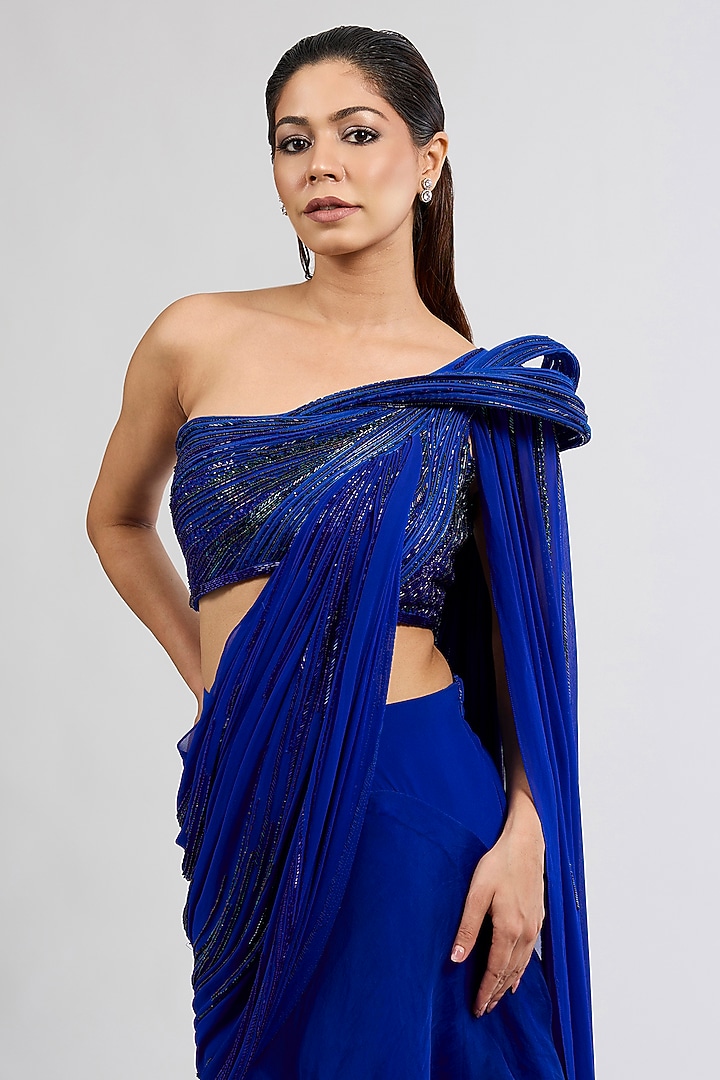 Electric Blue Crepe Bridal Lehenga Saree Set by Gaurav Gupta at Pernia's Pop Up Shop