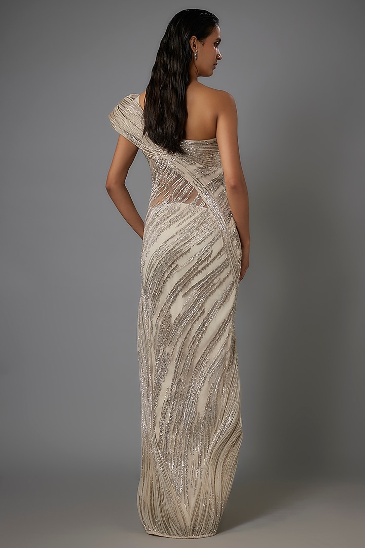 Sage Gold & Silver Tulle Embroidered Bridal Gown by Gaurav Gupta at Pernia's Pop Up Shop