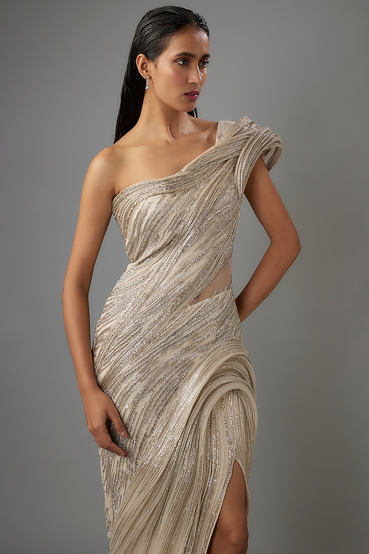 Sage Gold & Silver Tulle Embroidered Bridal Gown by Gaurav Gupta at Pernia's Pop Up Shop